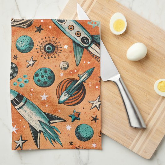  ruimtevaartuig Rocket Ships Pattern -Cosmos(5) Theedoek (Quarter Fold)