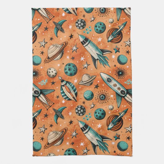  ruimtevaartuig Rocket Ships Pattern -Cosmos(5) Theedoek (Verticaal)