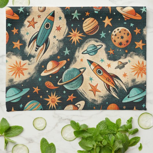  ruimtevaartuig Rocket Ships Pattern -Cosmos(6) Theedoek (Gevouwen)