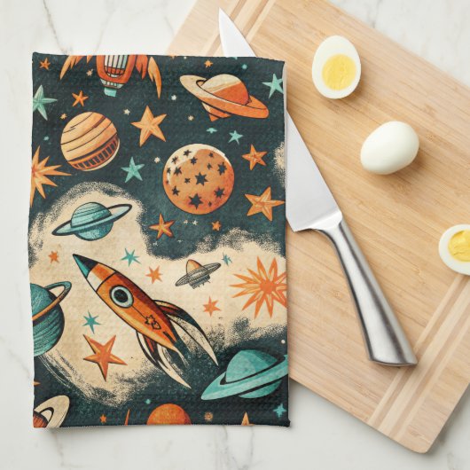 ruimtevaartuig Rocket Ships Pattern -Cosmos(6) Theedoek (Quarter Fold)