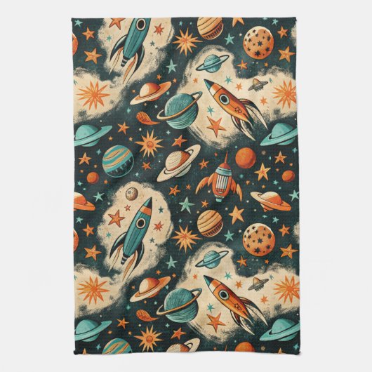  ruimtevaartuig Rocket Ships Pattern -Cosmos(6) Theedoek (Verticaal)