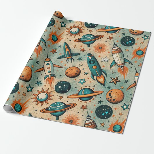  ruimtevaartuig Rocket Ships Pattern -Cosmos(7) Cadeaupapier (Uitgerold)