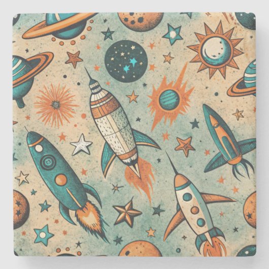  ruimtevaartuig Rocket Ships Pattern -Cosmos(7) Stenen Onderzetter (Voorkant)