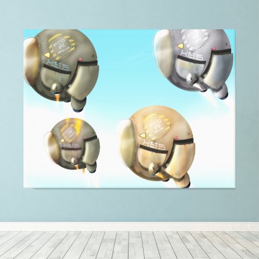 Ruimtevaartuigen die door een planeet vliegen canvas afdruk (Insitu (Houten vloer))