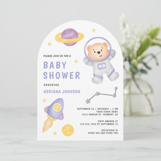Ruimteveer Teddy Bear Astronaut Arch Baby shower Kaart (Staand voorkant)