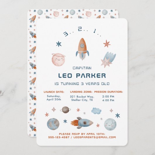 Ruimteverjaardag Uitnodiging - Galaxy Rocket Theme (Voorkant / Achterkant)