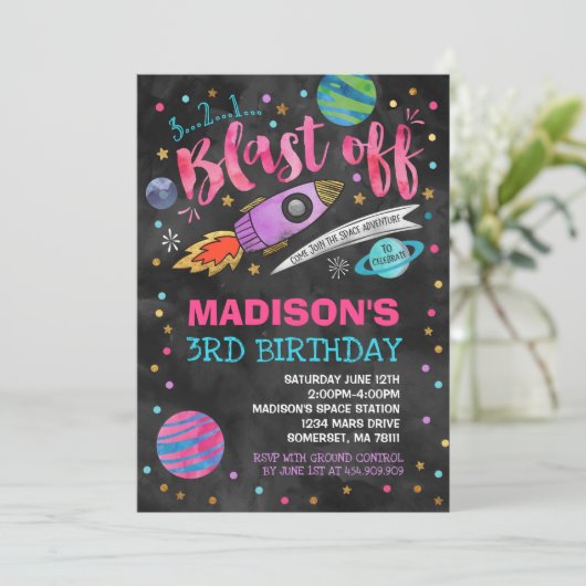 Ruimteverjaardagsuitnodiging Outer Space Party Kaart (Staand voorkant)