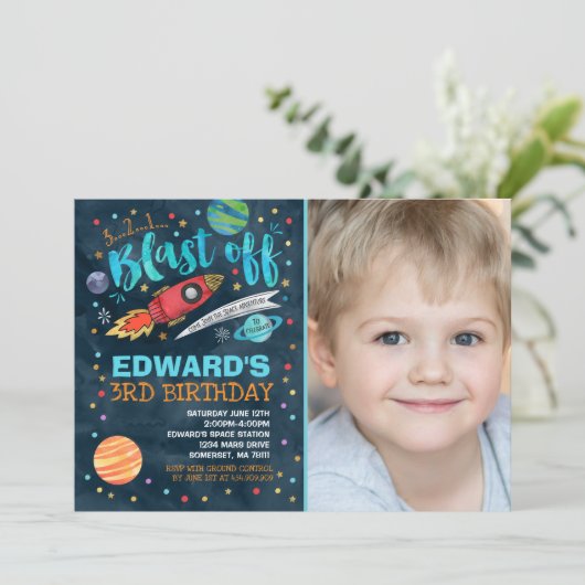Ruimteverjaardagsuitnodiging Outer Space Party Kaart (Staand voorkant)