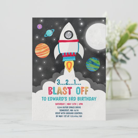 Ruimteverjaardagsuitnodiging Outer Space Party Kaart (Staand voorkant)