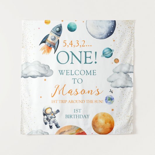 Ruimteverkenner Boy Verjaardag Welkom Banner Wandkleed (Voorkant)