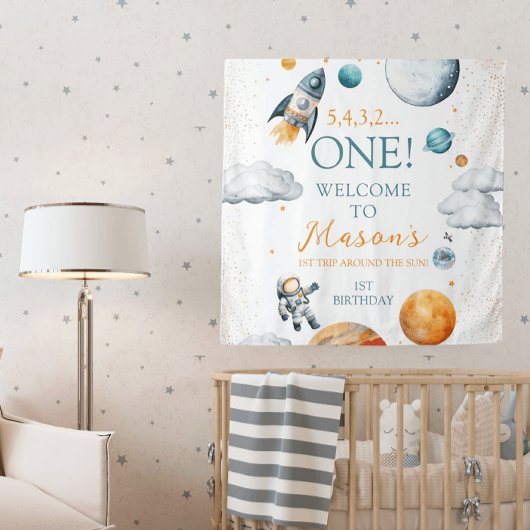 Ruimteverkenner Boy Verjaardag Welkom Banner Wandkleed