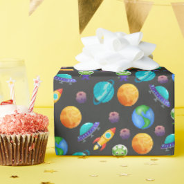 Ruimteverkenners op Black Grain Cadeaupapier
