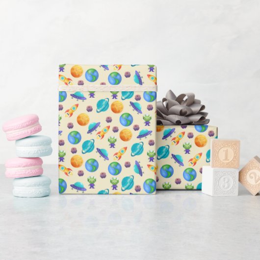 Ruimteverkenners op Bord Yellow Cadeaupapier (Baby Shower)