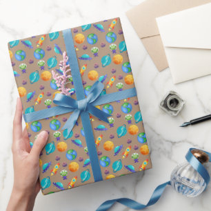 Ruimteverkenners op lichtbruin cadeaupapier