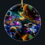 Ruimteverneveling en -planten keramisch ornament<br><div class="desc">Een spectaculair afbeelding van een kleurrijke ruimtenevel met planeten. Ideaal voor geeks,  science fiction-liefhebbers of astronomieliefhebber.</div>