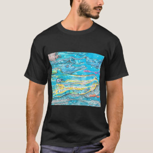 Ruimtewalvis in blauw en geel schilderij t-shirt