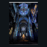 Ruined Cathedral Stained Glass Projection Glow Perfect Poster<br><div class="desc">An abandoned gothic cathedral interior is dramatically illuminated by projected stained-glass light pouring from a massive rose window high above. Intense beams of sapphire blue, emerald green, ruby red, amethyst purple, and golden yellow cascade across crumbling arches, shattered stone, and the central altar, transforming decay into transcendent beauty. The interplay...</div>