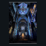 Ruined Cathedral Stained Glass Projection Glow Poster<br><div class="desc">An abandoned gothic cathedral interior is dramatically illuminated by projected stained-glass light pouring from a massive rose window high above. Intense beams of sapphire blue, emerald green, ruby red, amethyst purple, and golden yellow cascade across crumbling arches, shattered stone, and the central altar, transforming decay into transcendent beauty. The interplay...</div>