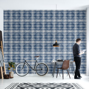 Ruit Plaid Krakel Textuur Wit Blauw Grijs Behang
