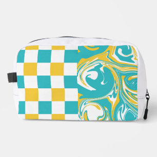 Ruiten en krullen in turquoise, geel en wit toilettasje