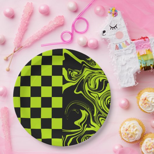 Ruiten en krullen - Limoengroen en Zwart Papieren Bordje (Feest)