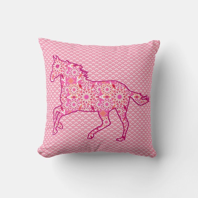 Ruitend paard Silhouette, Fuchsia and Coral Pink Kussen (Voorkant)