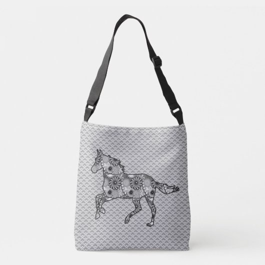 Ruitend Paard Silhouette, gemengde Prints Silver G Crossbody Tas (Achterkant)