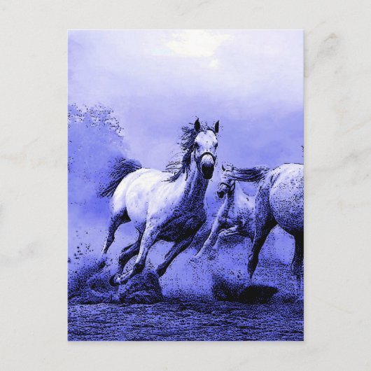 Ruitende paarden en blauw motorlicht briefkaart (Voorkant)