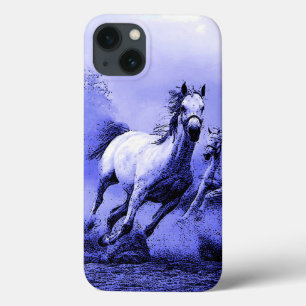 Ruitende paarden en blauw motorlicht iPhone 13 hoesje