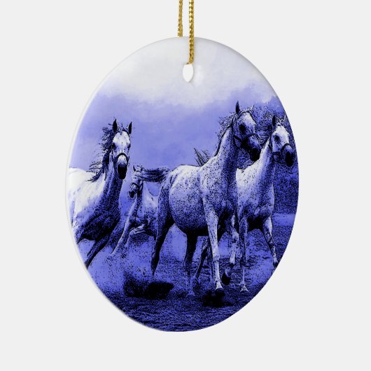 Ruitende paarden en blauw motorlicht keramisch ornament (Rechts)