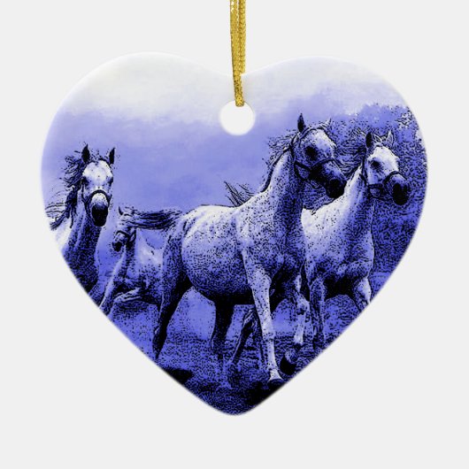 Ruitende paarden en blauw motorlicht keramisch ornament (Voorkant)