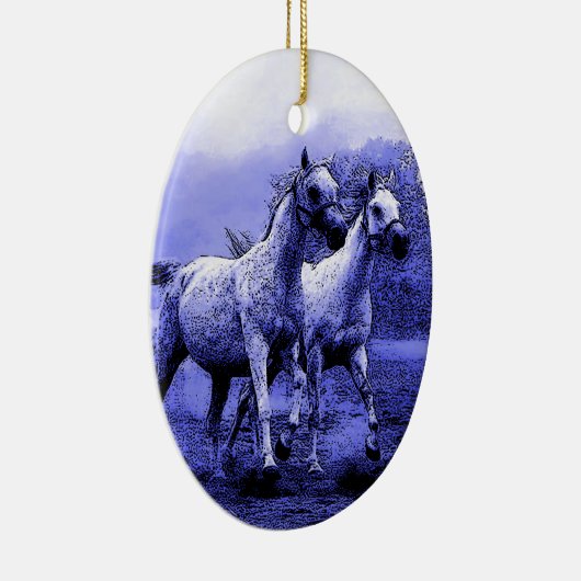 Ruitende paarden en blauw motorlicht keramisch ornament (Rechts)