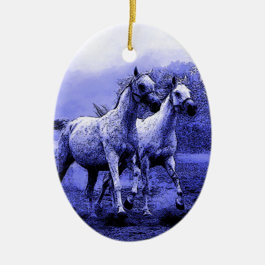 Ruitende paarden en blauw motorlicht keramisch ornament (Voorkant)