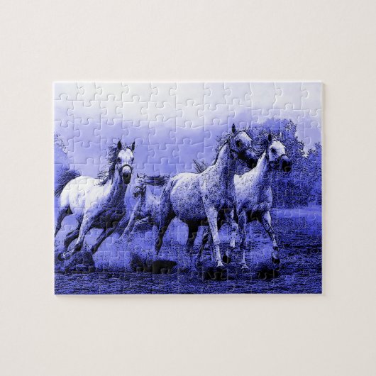 Ruitende paarden en blauw motorlicht legpuzzel (Horizontaal)