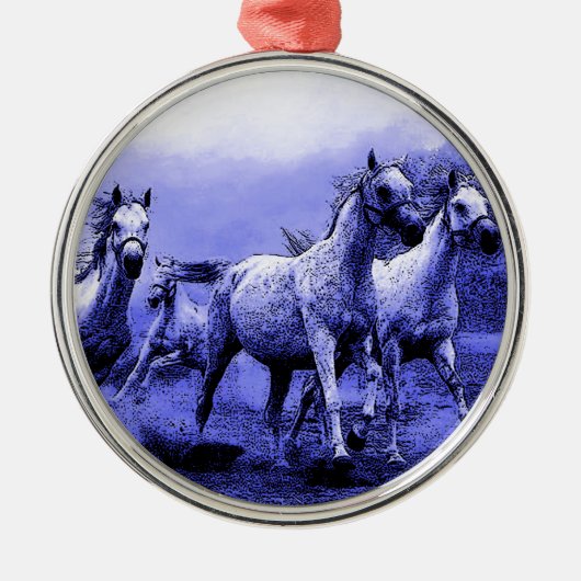 Ruitende paarden en blauw motorlicht metalen ornament (Voorkant)