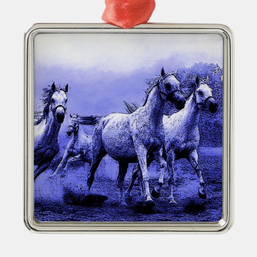 Ruitende paarden en blauw motorlicht metalen ornament (Voorkant)