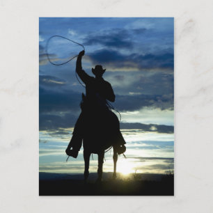 Ruitende zonsonderrug Riding cowboy silhouette Briefkaart