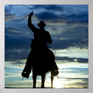 Ruitende zonsonderrug Riding cowboy silhouette Poster