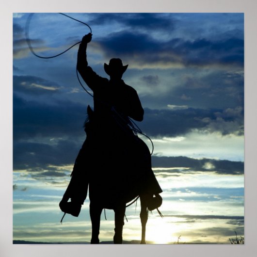Ruitende zonsonderrug Riding cowboy silhouette Poster (Voorkant)