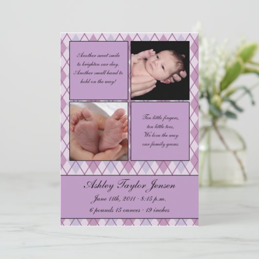 Ruitengecontroleerd geboortebericht aankondiging (Staand voorkant)