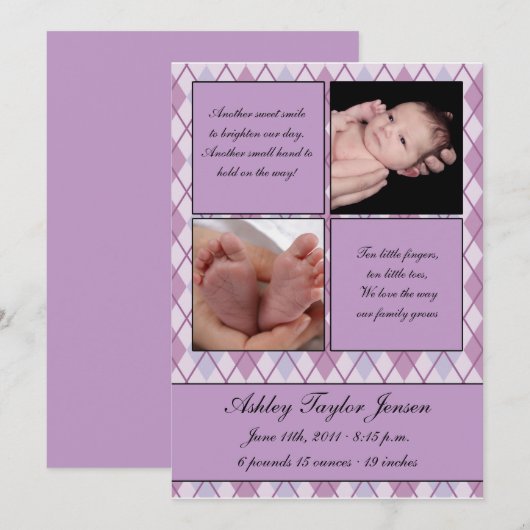 Ruitengecontroleerd geboortebericht aankondiging (Voorkant / Achterkant)