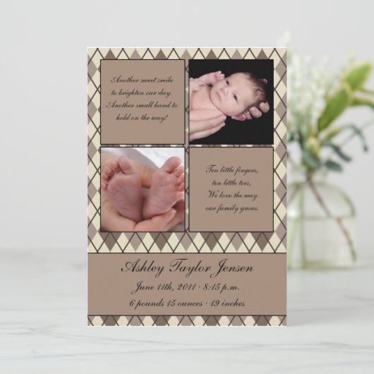 Ruitengecontroleerd geboortebericht aankondiging (Staand voorkant)