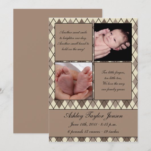 Ruitengecontroleerd geboortebericht aankondiging (Voorkant / Achterkant)