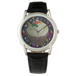 Ruitenstaart Cupcake & Confetti Black Leather Watc Horloge