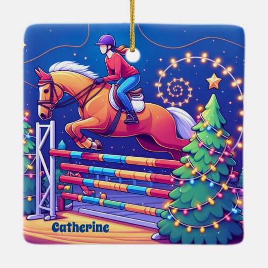 Ruitervrouw Jumping Paard Evenement Kerstmis Keramisch Ornament (Achterkant)