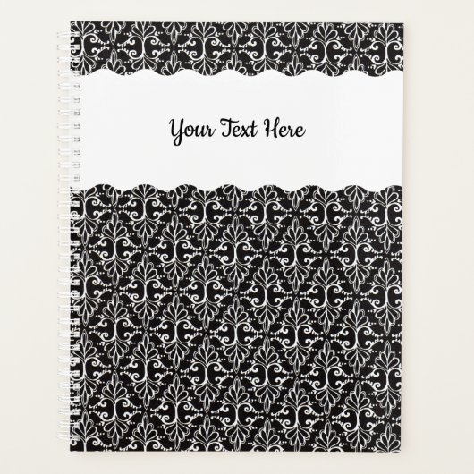 Ruitvormige witte scrollers op zwart planner (Voorkant)