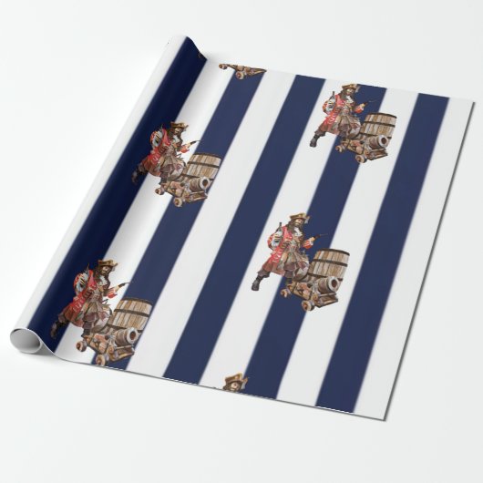 Rum PARTY PIRATE blauw & wit ompakken papier (Uitgerold)