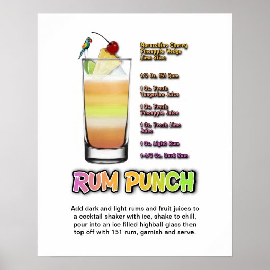 RUM PUNCH Cocktail Recipe 16 x 20-inch Art Poster (Voorkant)