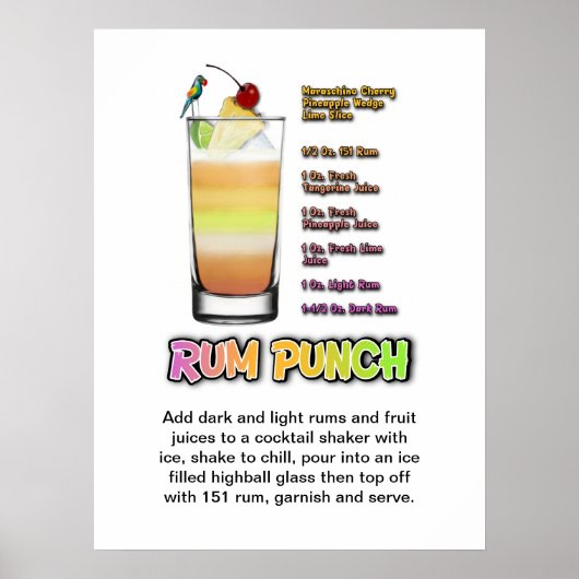 RUM PUNCH Cocktail Recipe 18 x 24-inch Art Poster (Voorkant)