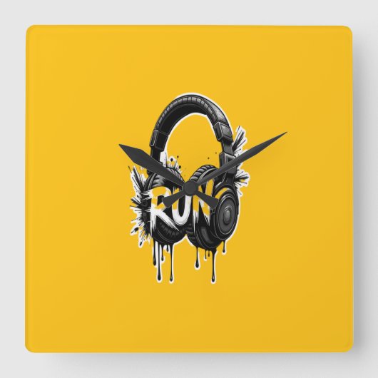 RUN Headphones Street Art Sticker Vierkante Klok (Voorkant)